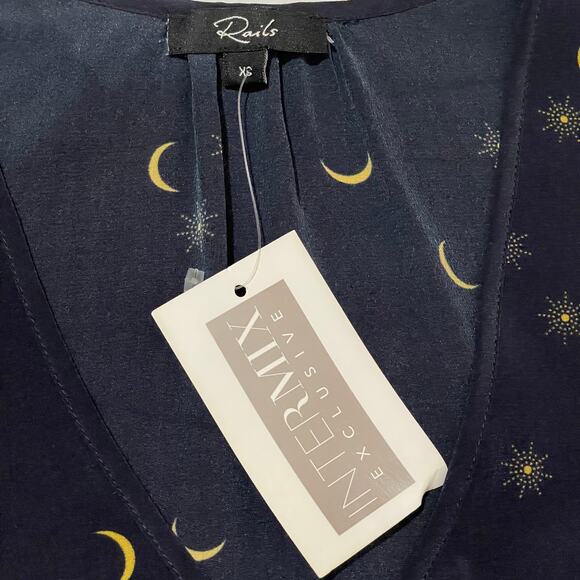 NWT Rails Beaux Ruffle Waist Navy Crescent Moon Silk Blouse -XS - Picture 9 of 13